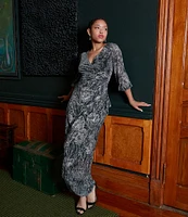 Ignite Evenings Surplice Neck Long Bubble Sleeve Cascade Overlay Skirt Floral Foil Printed Sheath Gown