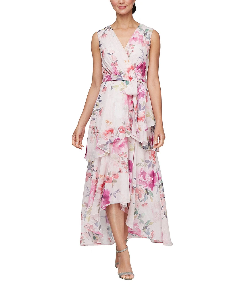 Ignite Evenings Surplice Neck Sleeveless Tiered Skirt Tie Tash Belt High Low Hemline Chiffon Dress