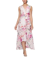 Ignite Evenings Surplice Neck Sleeveless Tiered Skirt Tie Tash Belt High Low Hemline Chiffon Dress