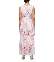 Ignite Evenings Surplice Neck Sleeveless Tiered Skirt Tie Tash Belt High Low Hemline Chiffon Dress