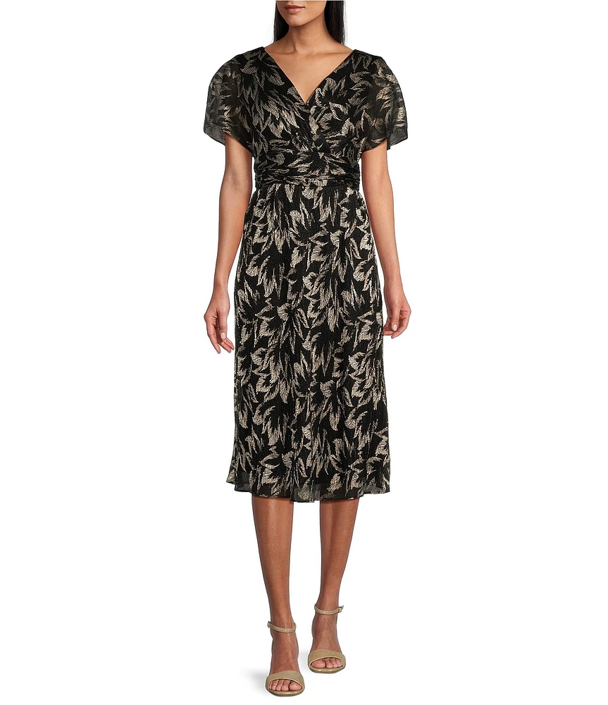 Ignite Evenings Surplice V-Neck Flutter Sleeve Ruched Waist Foil Printed Dress