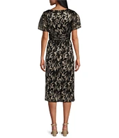 Ignite Evenings Surplice V-Neck Flutter Sleeve Ruched Waist Foil Printed Dress