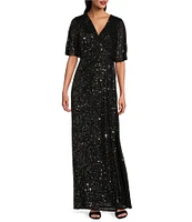 Ignite Evenings Surplice V-Neck Flutter Sleeve Sequin Sheath Gown