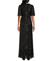 Ignite Evenings Surplice V-Neck Flutter Sleeve Sequin Sheath Gown