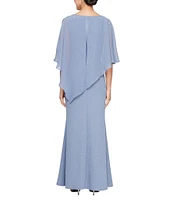 Ignite Evenings V-Neck 3/4 Chiffon Overlay Sleeve Metallic Knit Popover Gown