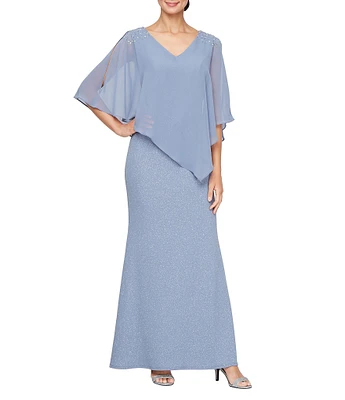 Ignite Evenings V-Neck 3/4 Chiffon Overlay Sleeve Metallic Knit Popover Gown
