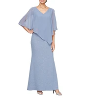 Ignite Evenings V-Neck 3/4 Chiffon Overlay Sleeve Metallic Knit Popover Gown