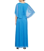 Ignite Evenings V-Neck 3/4 Illusion Sleeve Glitter Mesh A-Line Gown