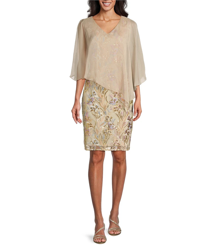 Ignite Evenings V-Neck Embroidered Sequin Chiffon Overlay Sheath Dress