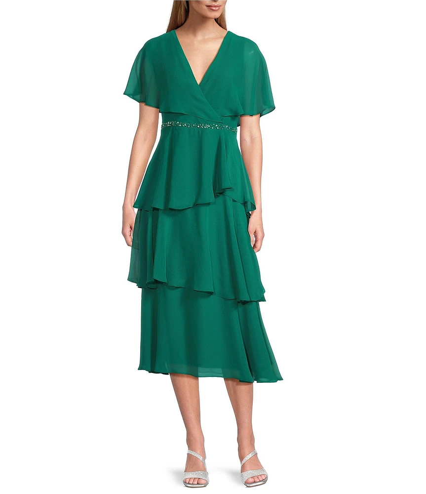 Ignite Evenings V-Neck Short Flutter Sleeve Tiered Chiffon Midi Dress