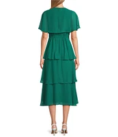 Ignite Evenings V-Neck Short Flutter Sleeve Tiered Chiffon Midi Dress