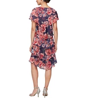 Ignite Evenings V-Neck Short Sleeve Chiffon Tiered Capelet Floral Shift Dress