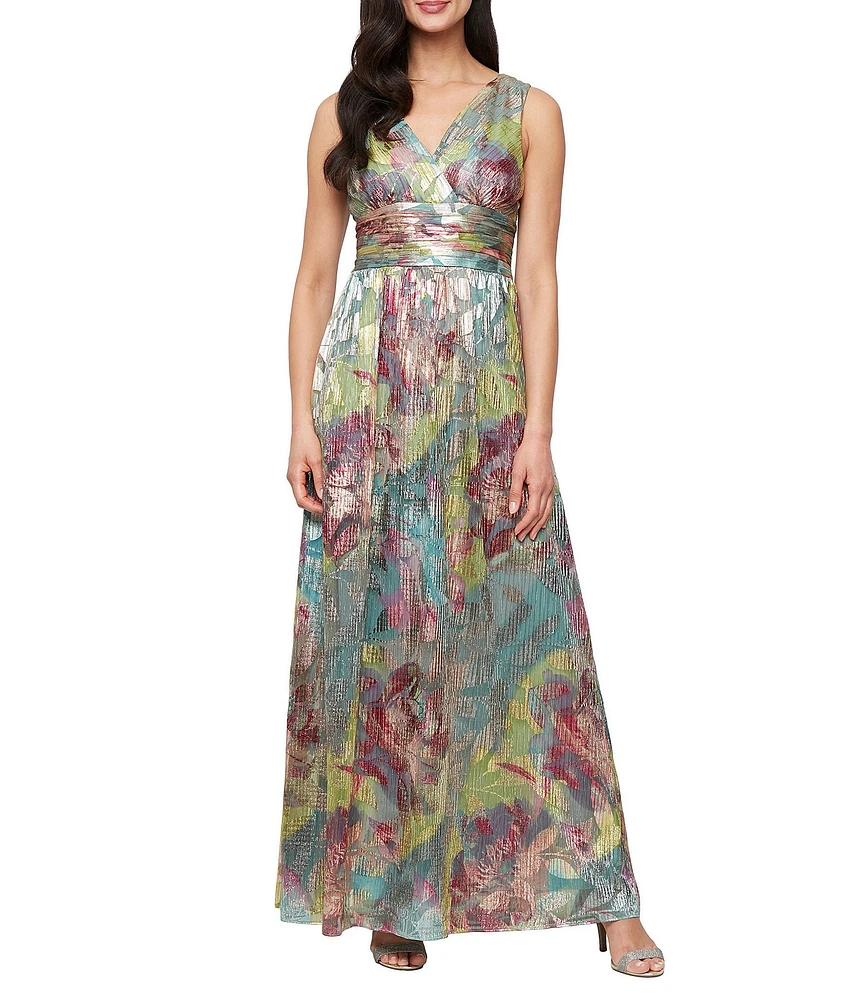 Ignite Evenings V-Neck Sleeveless Floral Print Foil Dress