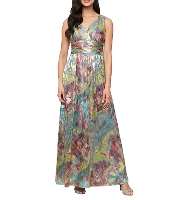 Ignite Evenings V-Neck Sleeveless Floral Print Foil Dress