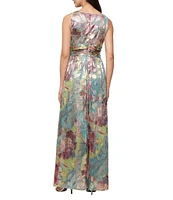Ignite Evenings V-Neck Sleeveless Floral Print Foil Dress