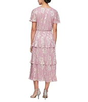 Ignite Evenings V-Neck Tiered Metallic Foil Midi Dress