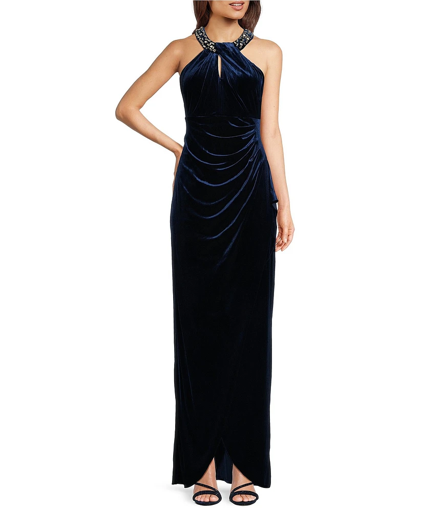 Ignite Evenings Velvet Keyhole Halter Neck Sleeveless Cascade Ruffle Gown