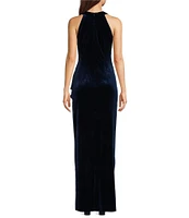 Ignite Evenings Velvet Keyhole Halter Neck Sleeveless Cascade Ruffle Gown