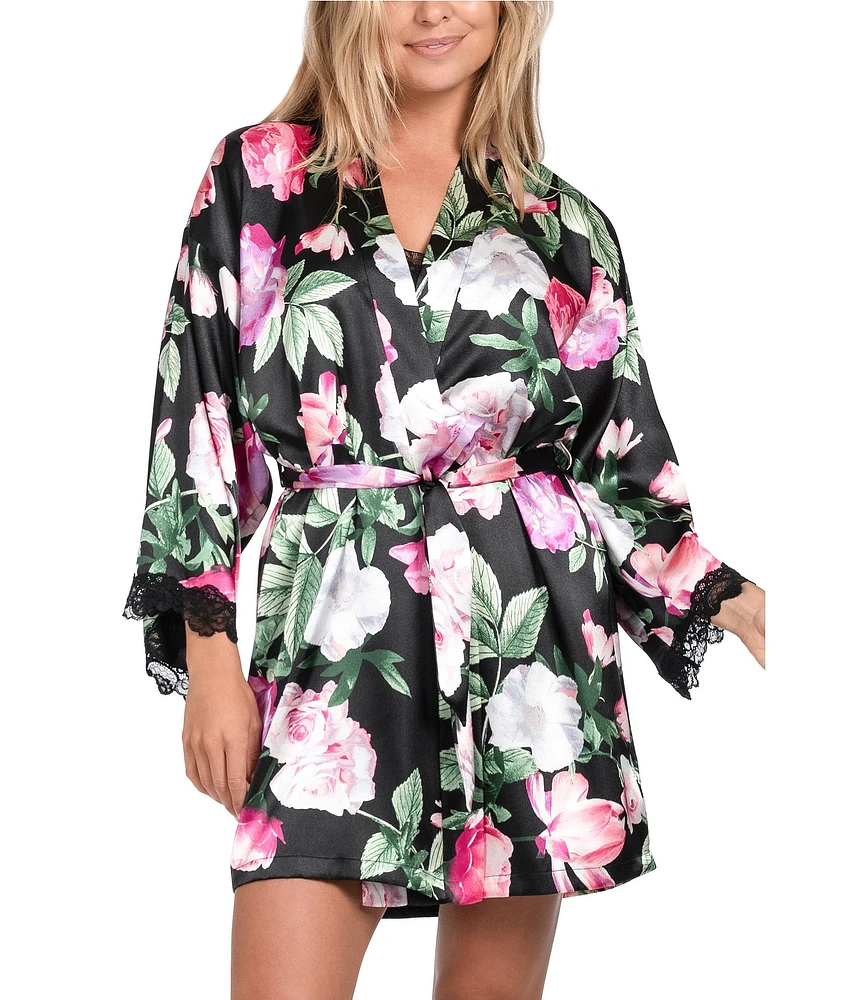 In Bloom By Jonquil 3/4 Sleeve Satin Floral Coordinating Short Robe