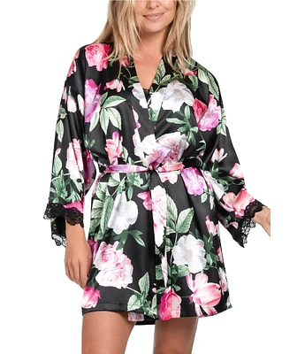 In Bloom By Jonquil 3/4 Sleeve Satin Floral Coordinating Short Robe