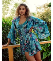 In Bloom by Jonquil 3/4 Sleeve Satin Floral Print Coordinating Short Robe