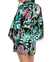 In Bloom by Jonquil Floral Leaf Satin 3/4 Sleeve Coordinating Short Robe