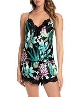 In Bloom by Jonquil Floral Leaf Satin Sleeveless Cami & Shorty Pajama Set