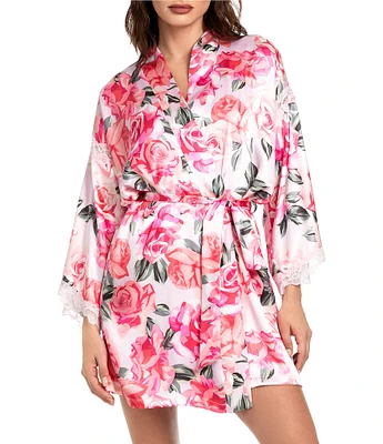 In Bloom By Jonquil Floral Print 3/4 Sleeve Shawl Collar Short Satin Wrap Robe