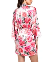 In Bloom By Jonquil Floral Print 3/4 Sleeve Shawl Collar Short Satin Wrap Robe