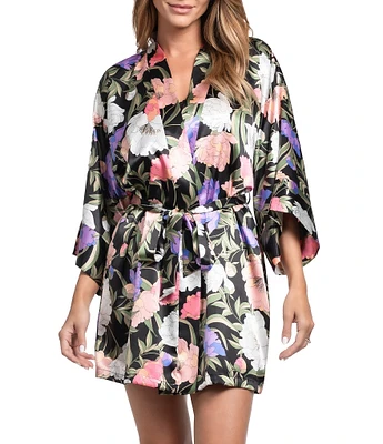 In Bloom By Jonquil Harriet Satin Botanical Floral 3/4 Sleeve V-Neck Coordinating Short Lingerie Robe