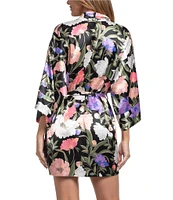 In Bloom By Jonquil Harriet Satin Botanical Floral 3/4 Sleeve V-Neck Coordinating Short Lingerie Robe