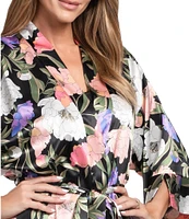In Bloom By Jonquil Harriet Satin Botanical Floral 3/4 Sleeve V-Neck Coordinating Short Lingerie Robe