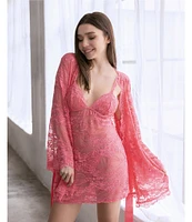 In Bloom By Jonquil Leilani 3/4 Sleeves V-Neck Allover Lace Coordinating Short Lingerie Robe