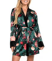 In Bloom By Jonquil Matte Satin 3/4 Sleeve Floral Coordinating Short Wrap Robe