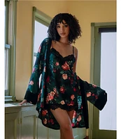 In Bloom By Jonquil Matte Satin 3/4 Sleeve Floral Coordinating Short Wrap Robe