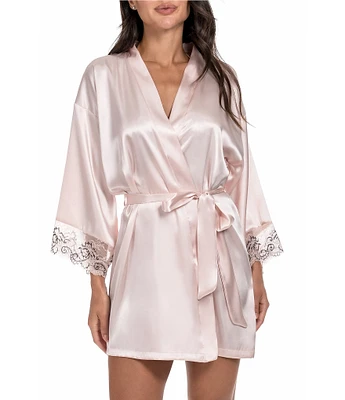 In Bloom By Jonquil Satin 3/4 Sleeve Two-Tone Lace Coordinating Short Robe