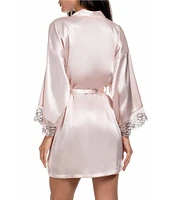 In Bloom By Jonquil Satin 3/4 Sleeve Two-Tone Lace Coordinating Short Robe