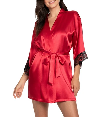 In Bloom By Jonquil Satin 3/4 Sleeve Two-Tone Lace Coordinating Short Robe