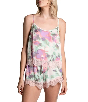 In Bloom By Jonquil Satin Watercolor Print Sleeveless Scoop Neck Lace Trim Cami & Short Pajama Set
