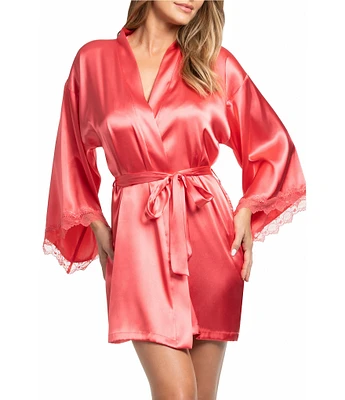 In Bloom by Jonquil Scallop Lace 3/4 Kimono Sleeve Shawl Collar Short Satin Wrap Robe