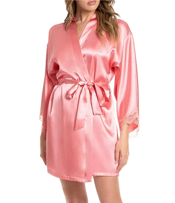 In Bloom by Jonquil Scallop Lace 3/4 Kimono Sleeve Shawl Collar Short Satin Wrap Robe