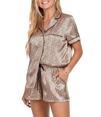 In Bloom By Jonquil Short Sleeve Notch Collar Satin Cheetah Print Shorty Pajama Set