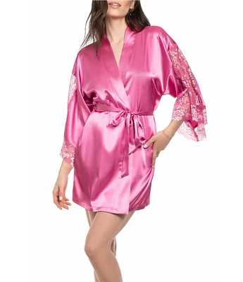 In Bloom By Jonquil Solid 3/4 Sleeve Satin Short Robe with Lace
