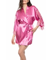 In Bloom By Jonquil Solid 3/4 Sleeve Satin Short Robe with Lace