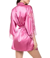In Bloom By Jonquil Solid 3/4 Sleeve Satin Short Robe with Lace