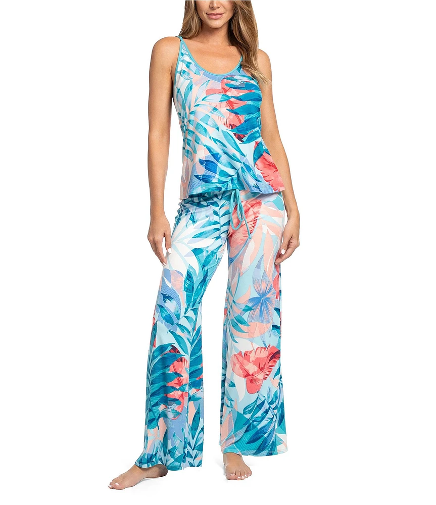 In Bloom By Jonquil Tropical Palm Print Sleeveless Jersey Knit Pant Pajama Set