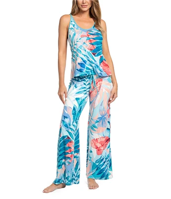 In Bloom By Jonquil Tropical Palm Print Sleeveless Jersey Knit Pant Pajama Set