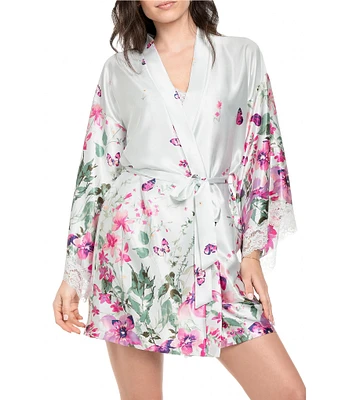 In Bloom By Jonquil Watercolor Garden Floral Print 3/4 Sleeve Coordinating Satin Short Robe with Lace