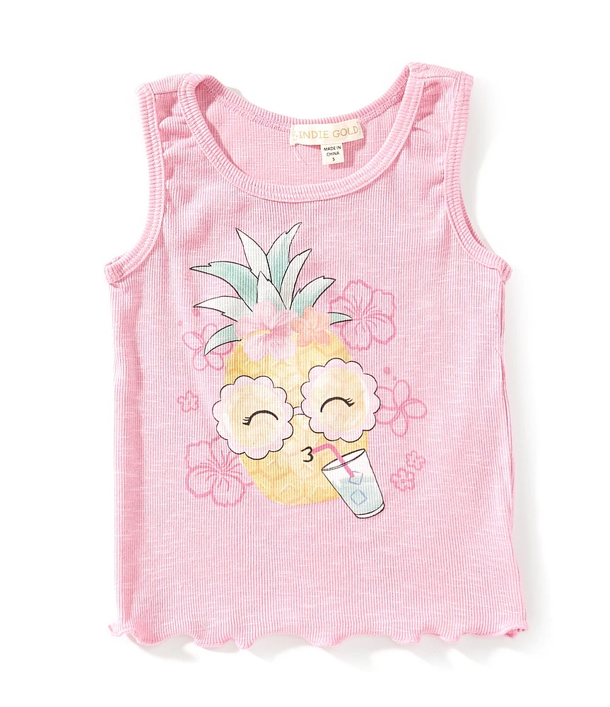 Indie Gold Little Girls 2T-6X Sleeveless Pineapple-Character-Graphic Rib-Knit Tank Top