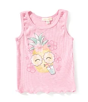 Indie Gold Little Girls 2T-6X Sleeveless Pineapple-Character-Graphic Rib-Knit Tank Top